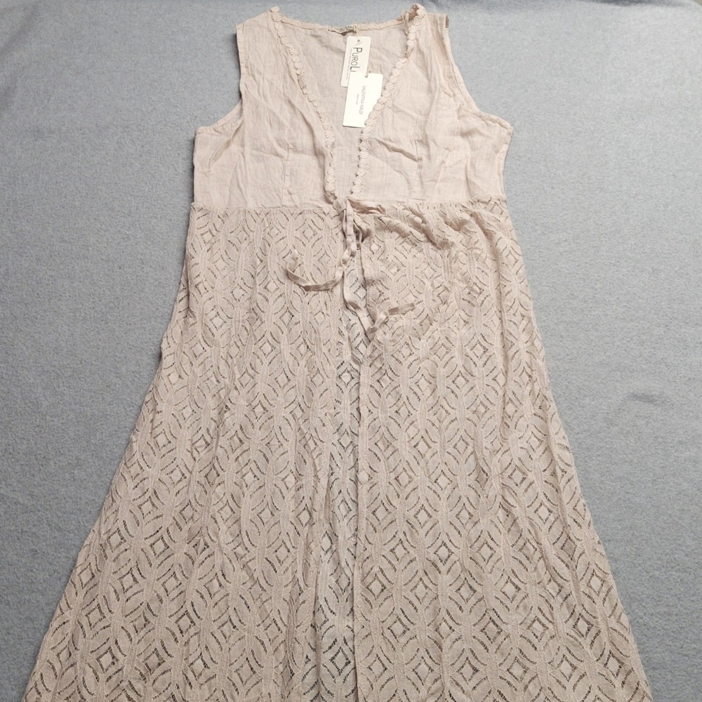 Valentina Naldi Italy Linen Crochet Lace Duster Vest Tie Front Beige NWT